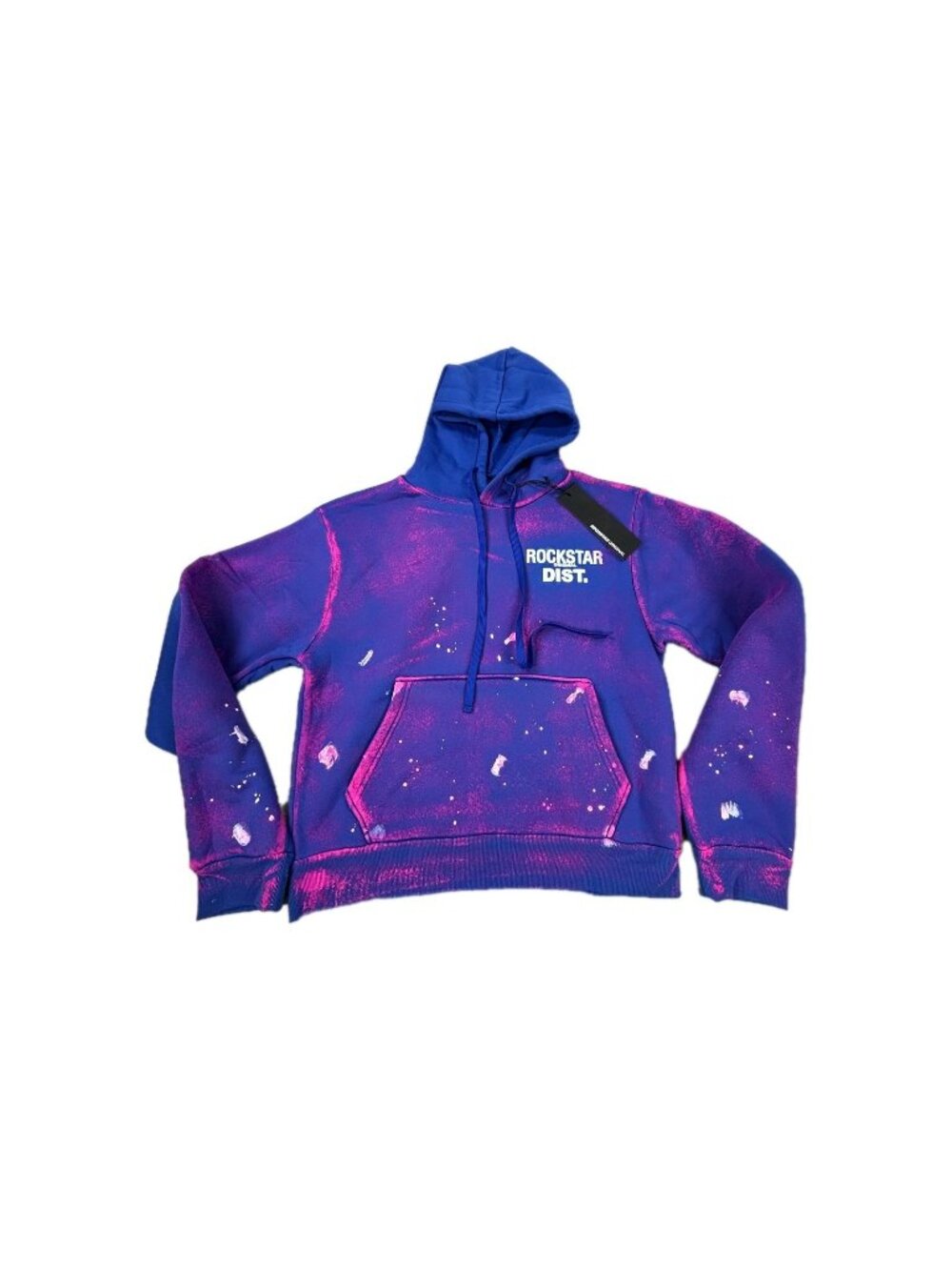 Rockstar Original Hoodie Womens Large Blue Pink Logo Fleece Lined Paint Splatter